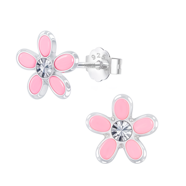 A pair of flower stud earrings with pink enamel petals and a central American diamond, crafted in sterling silver on a white background.