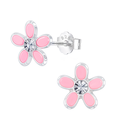Pink Blossom Flower Cute Enamel Stud Earrings in 925 Sterling Silver HighSpark