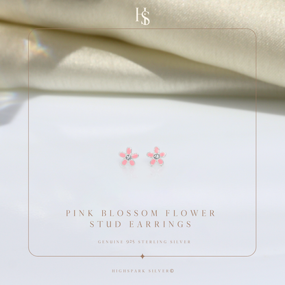 Pink Blossom Flower Cute Enamel Stud Earrings in 925 Sterling Silver HighSpark