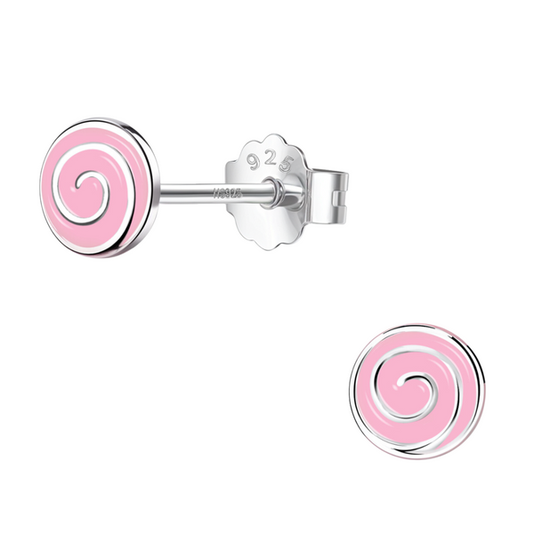 A pair of pink candylicious stud earrings with a swirl enamel design, crafted in 925 sterling silver and shown on a white background.