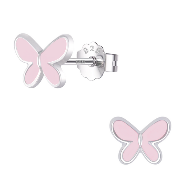 A pair of butterfly stud earrings with pink enamel inlay and a push-back closure, crafted in sterling silver on a white background.