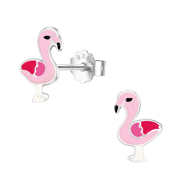 A pair of flamingo-shaped stud earrings with pink and red enamel detailing, crafted in sterling silver with a push-back closure.