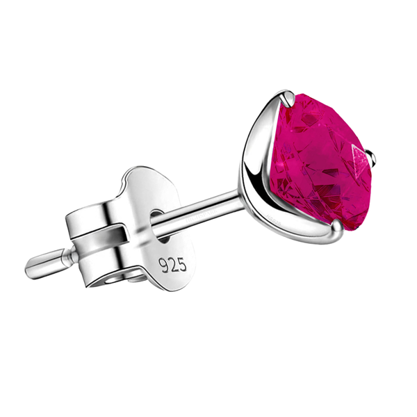 A single stud earring with a round, faceted pink gemstone in a three-prong setting with a push back, all in sterling silver.
