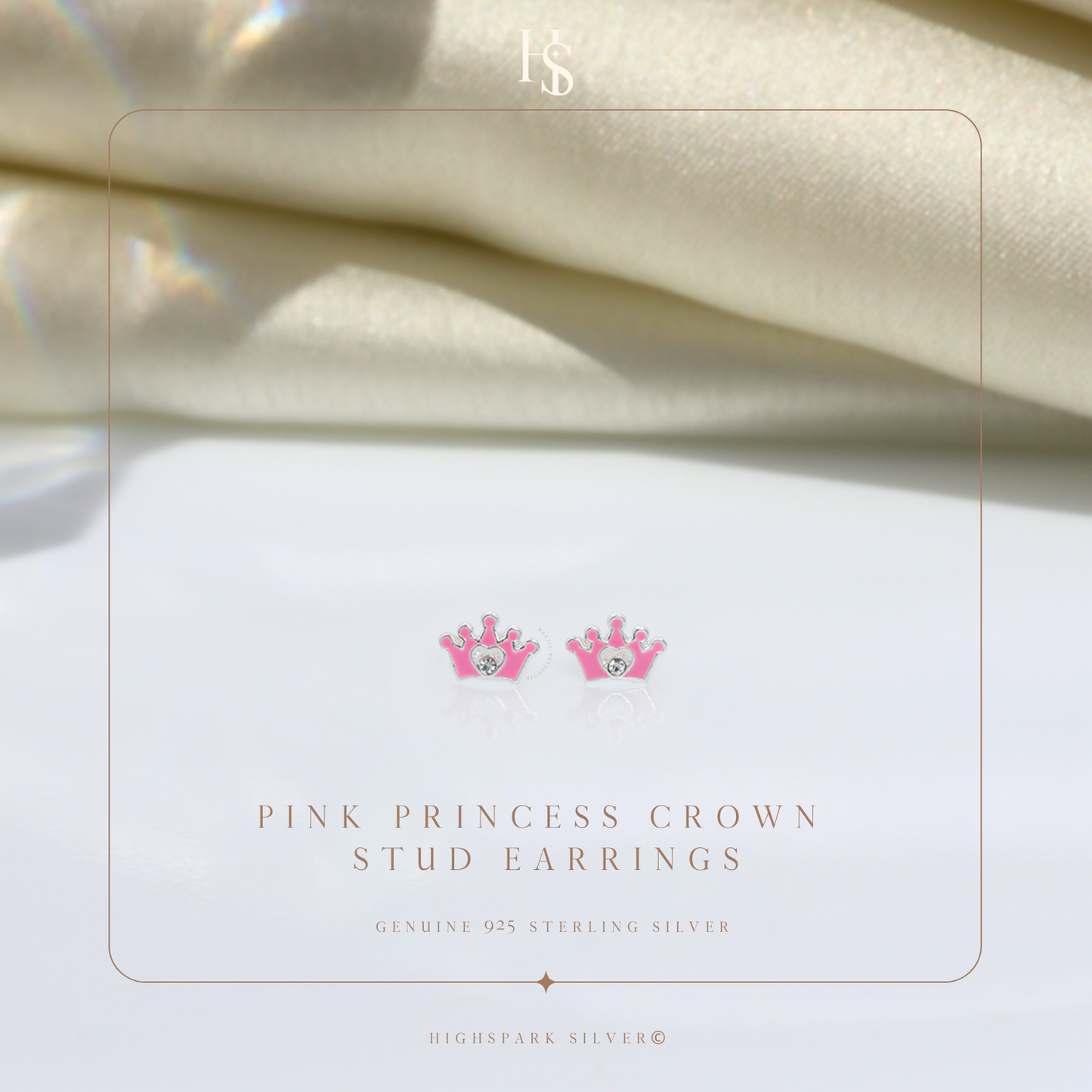 Pink Princess Crown Cute Enamel Stud Earrings in 925 Sterling Silver HighSpark