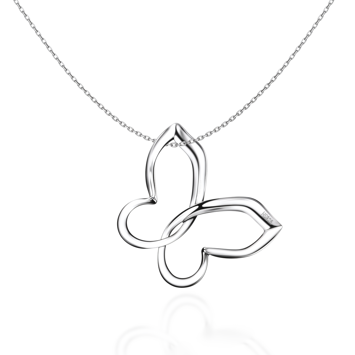 A sterling silver pendant necklace with an open, minimalist butterfly motif on a fine link chain, shown on a white background.