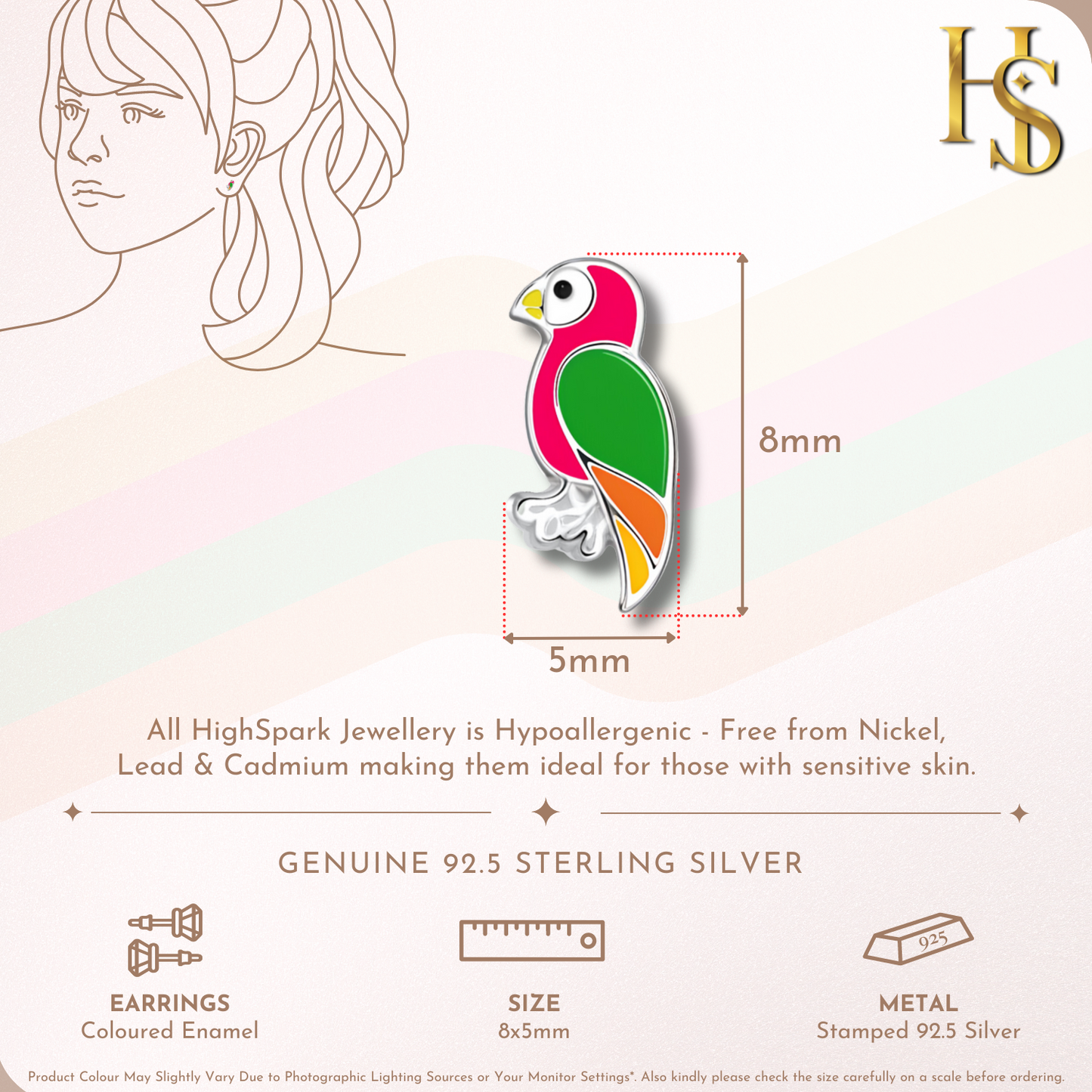Playful Parrot Cute Enamel Stud Earrings in 925 Sterling Silver HighSpark