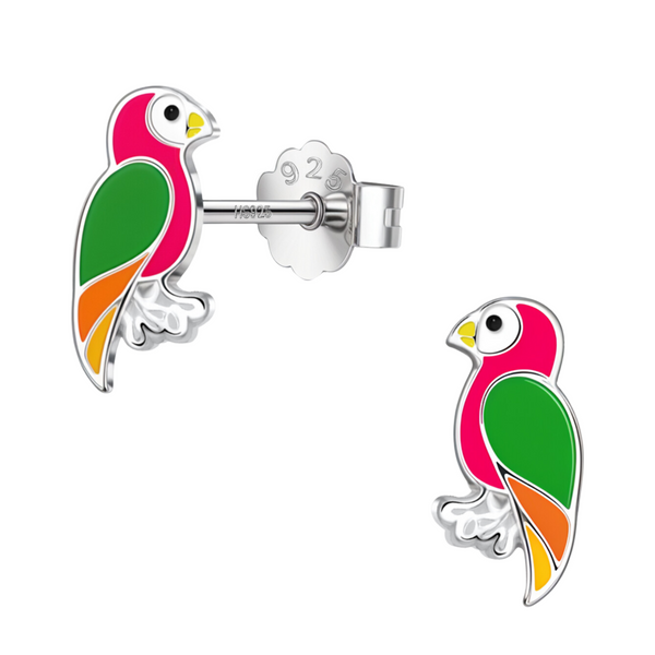 A pair of parrot-shaped stud earrings with pink, green, orange, and yellow enamel in a sterling silver setting on a white background.