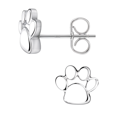 A pair of sterling silver stud earrings in the shape of a paw print with a push back, shown on a plain white background.