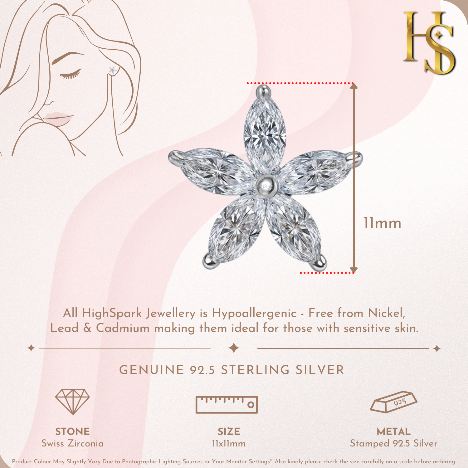 An infographic showing the dimensions of a plumeria flower stud earring with marquise-cut American diamond petals in sterling silver.