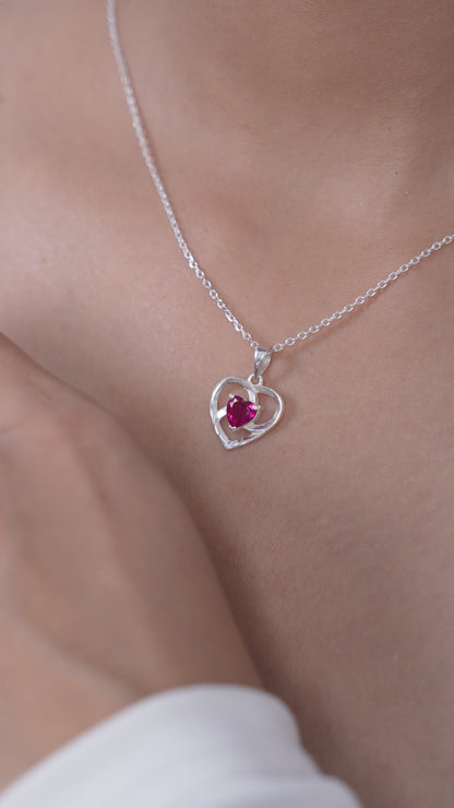 Red Swirl Heart Pendant with American Diamond in Sterling Silver