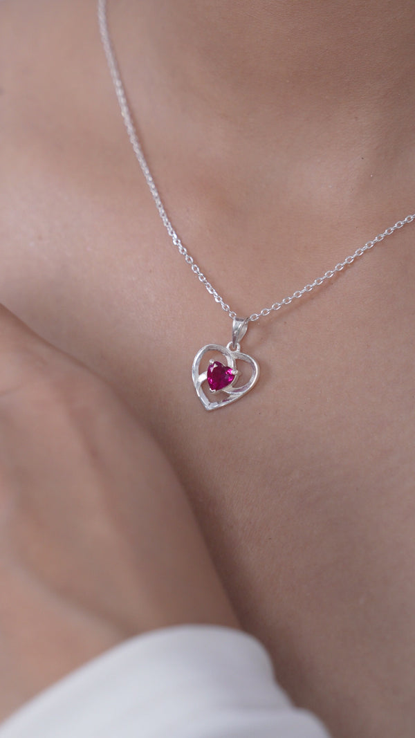 Red Swirl Heart Pendant with American Diamond in Sterling Silver