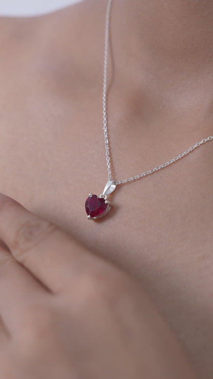 Red Heart Silver Necklace with Solitaire Pendant in Sterling Silver