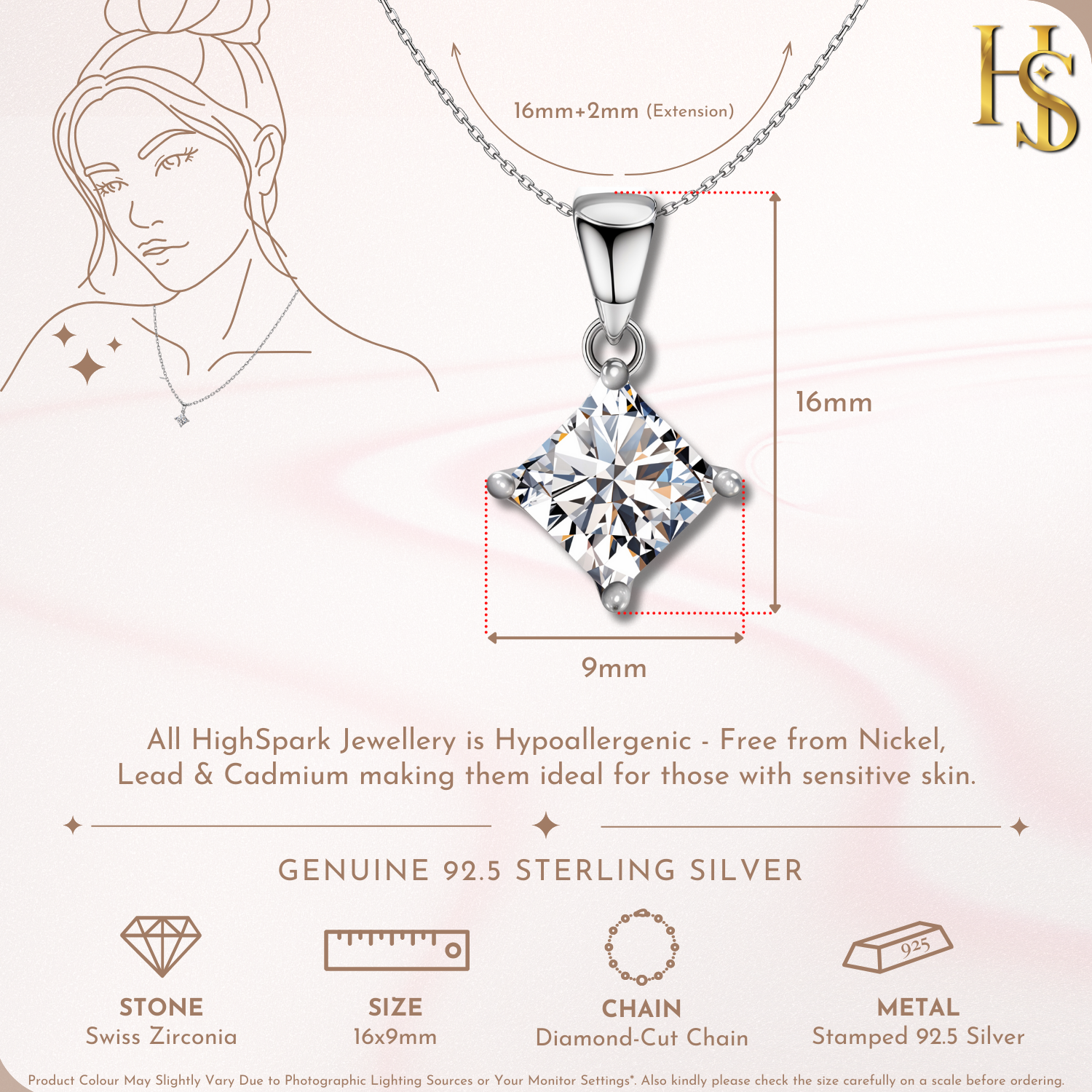 Princess Diamond Solitaire Pendant in 92.5 Sterling Silver With Diamond like Brilliance Zirconia HighSpark