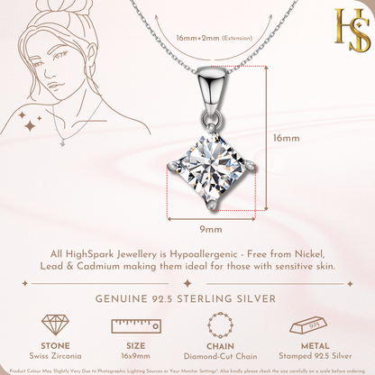 Princess Diamond Solitaire Pendant in 92.5 Sterling Silver With Diamond like Brilliance Zirconia HighSpark