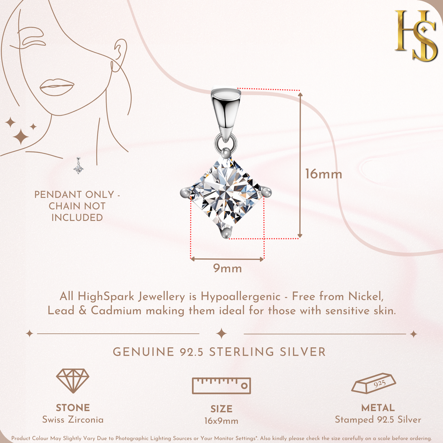Princess Diamond Solitaire Pendant in 92.5 Sterling Silver With Diamond like Brilliance Zirconia HighSpark