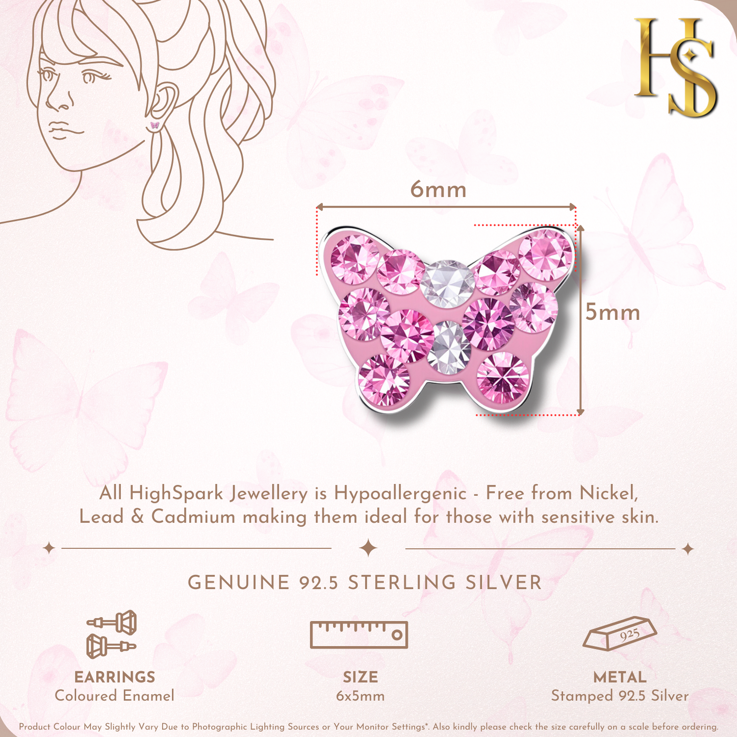 Princess Pink Butterfly Cute Enamel Stud Earrings in 925 Sterling Silver HighSpark