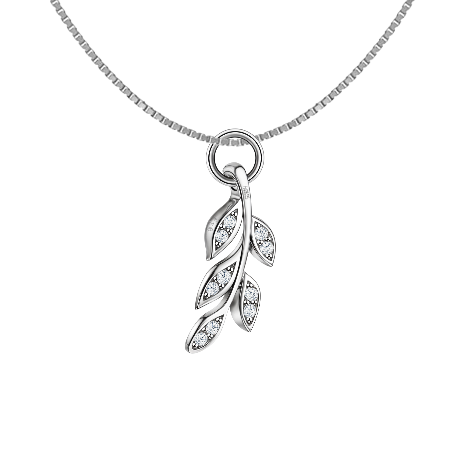 A sterling silver pendant necklace with a leafy vine motif set with tiny American diamonds, shown on a plain white background.