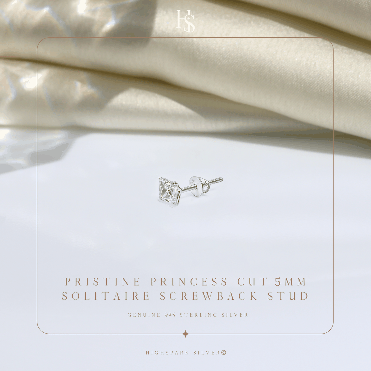 A single sterling silver stud earring with a princess-cut American diamond and a screw back.