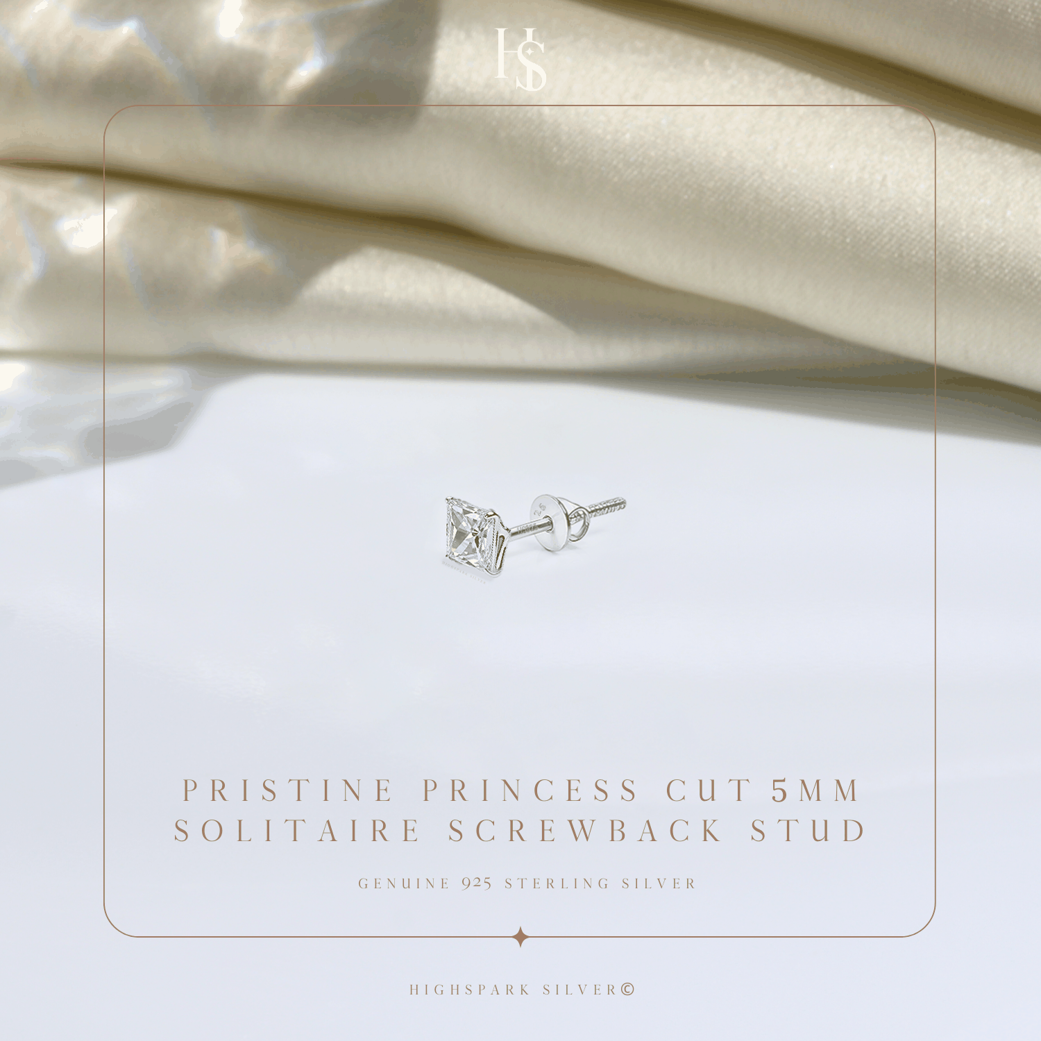 A single sterling silver stud earring with a princess-cut American diamond and a screw back.