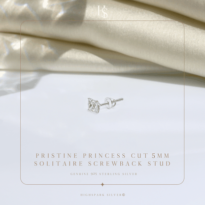 A single sterling silver stud earring with a princess-cut American diamond and a screw back.