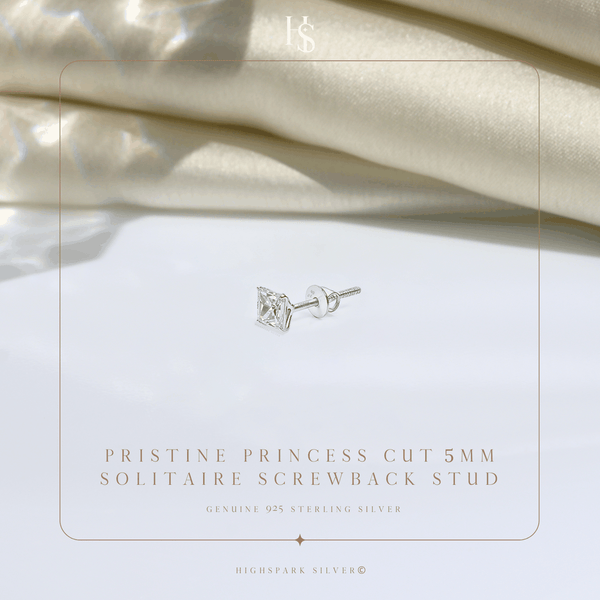 Pristine Princes Cut 5MM Solitaire Screwback Stud Earrings in 925 Sterling Silver For Mens