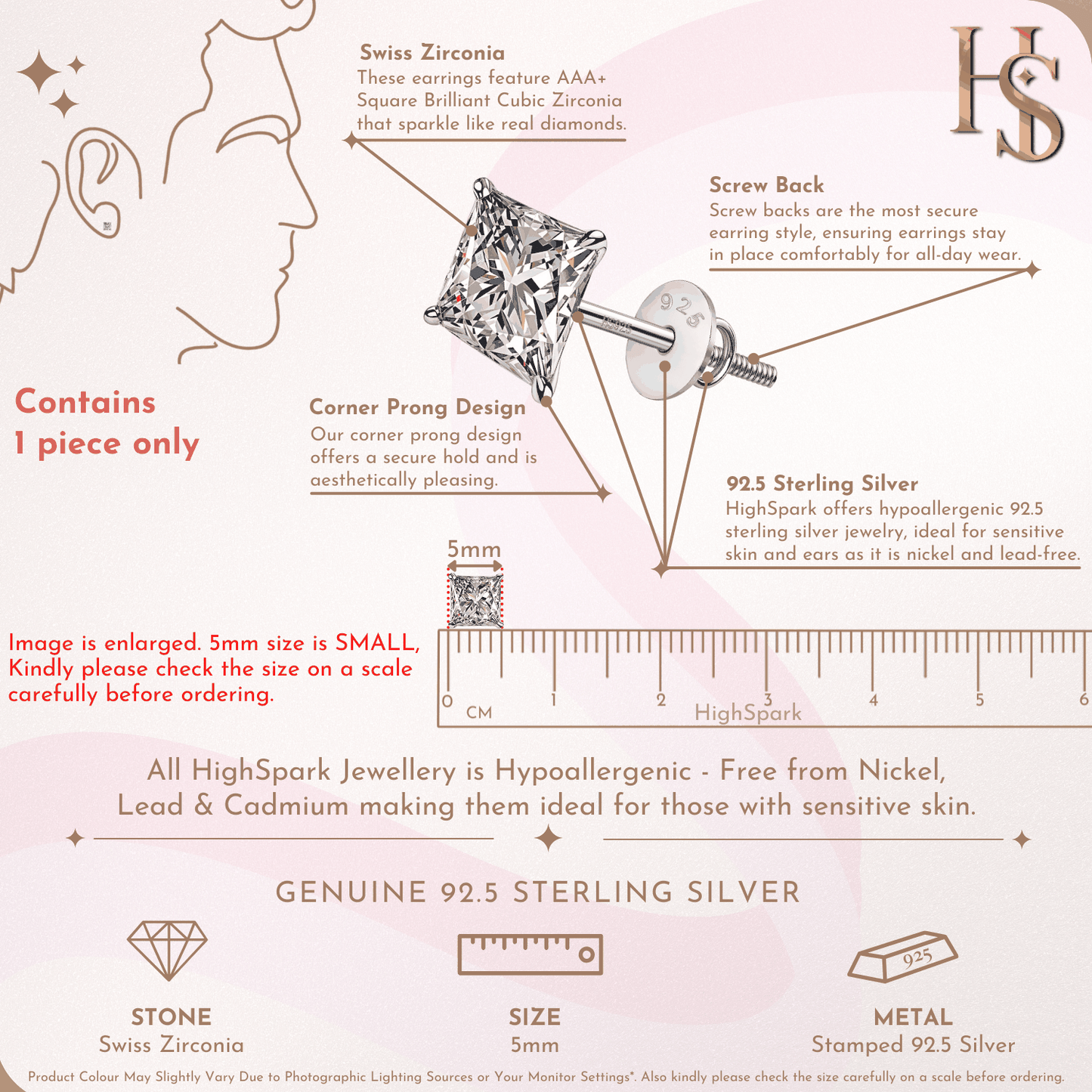 Infographic showing the features of a single stud earring with a 5mm princess-cut American diamond in a four-prong sterling silver setting.
