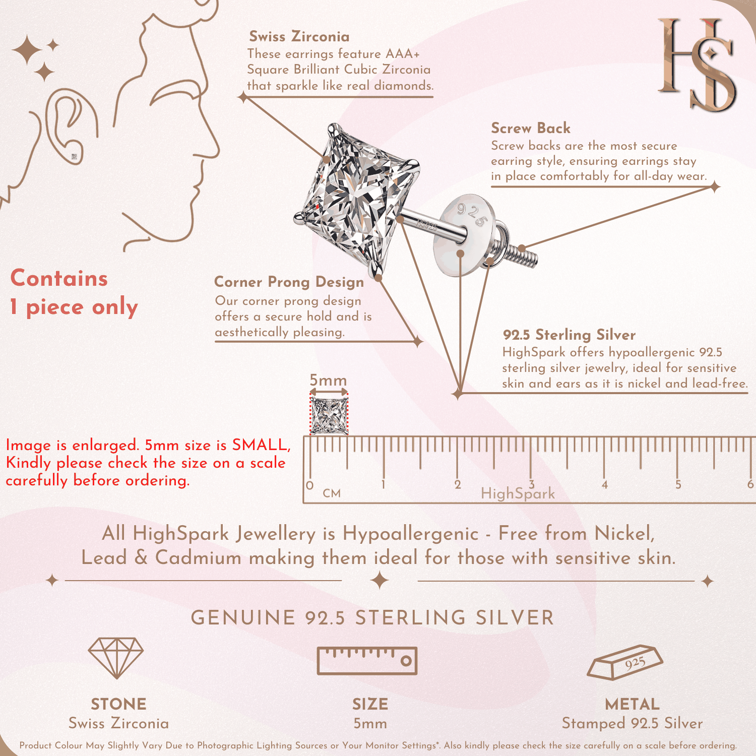 Infographic showing the features of a single stud earring with a 5mm princess-cut American diamond in a four-prong sterling silver setting.
