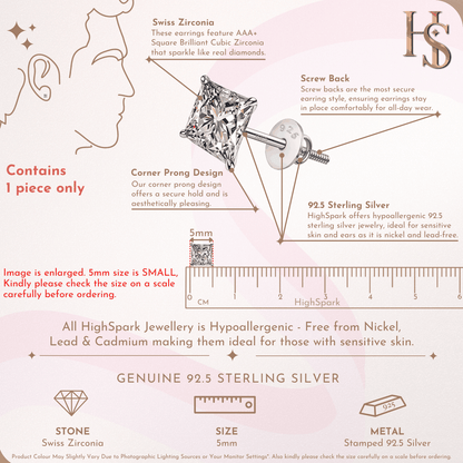 Infographic showing the features of a single stud earring with a 5mm princess-cut American diamond in a four-prong sterling silver setting.