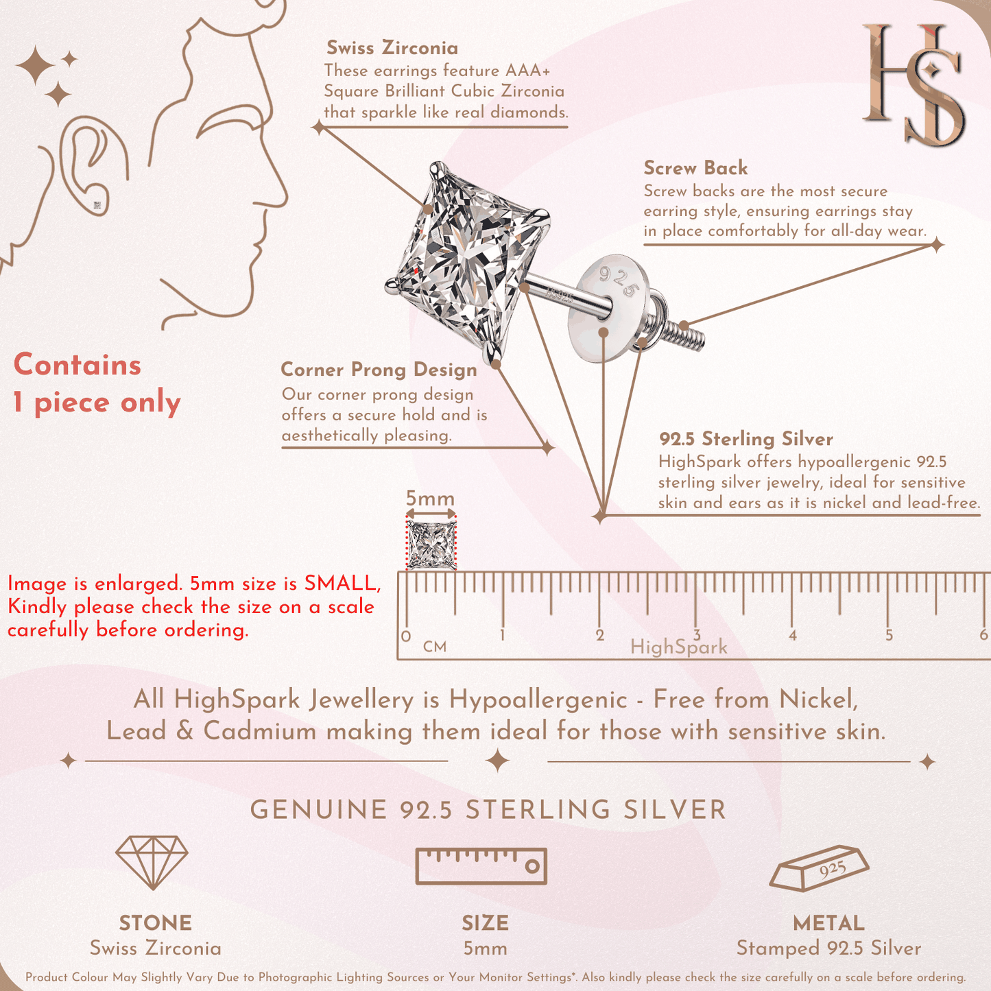 Pristine Princes Cut 5MM Solitaire Screwback Stud Earrings in 925 Sterling Silver For Mens HighSpark