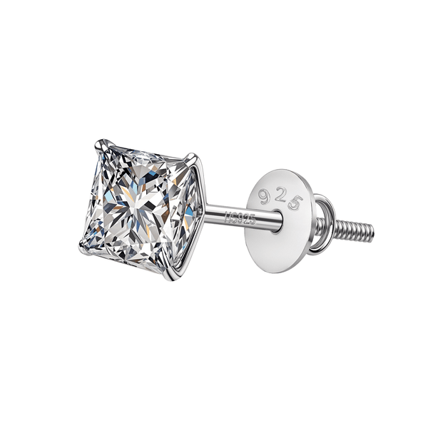 A pair of men's earrings featuring a solitaire princess cut American diamond in a four-prong setting with a screwback.