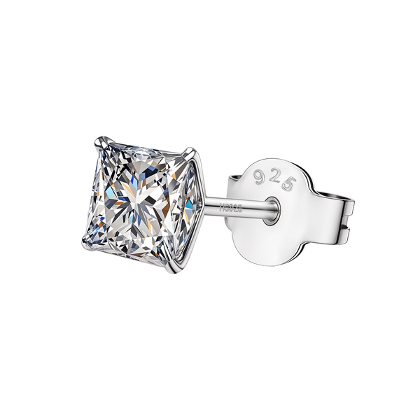A single solitaire stud earring for men with a princess-cut American diamond in a four-prong setting, crafted from 925 sterling silver.