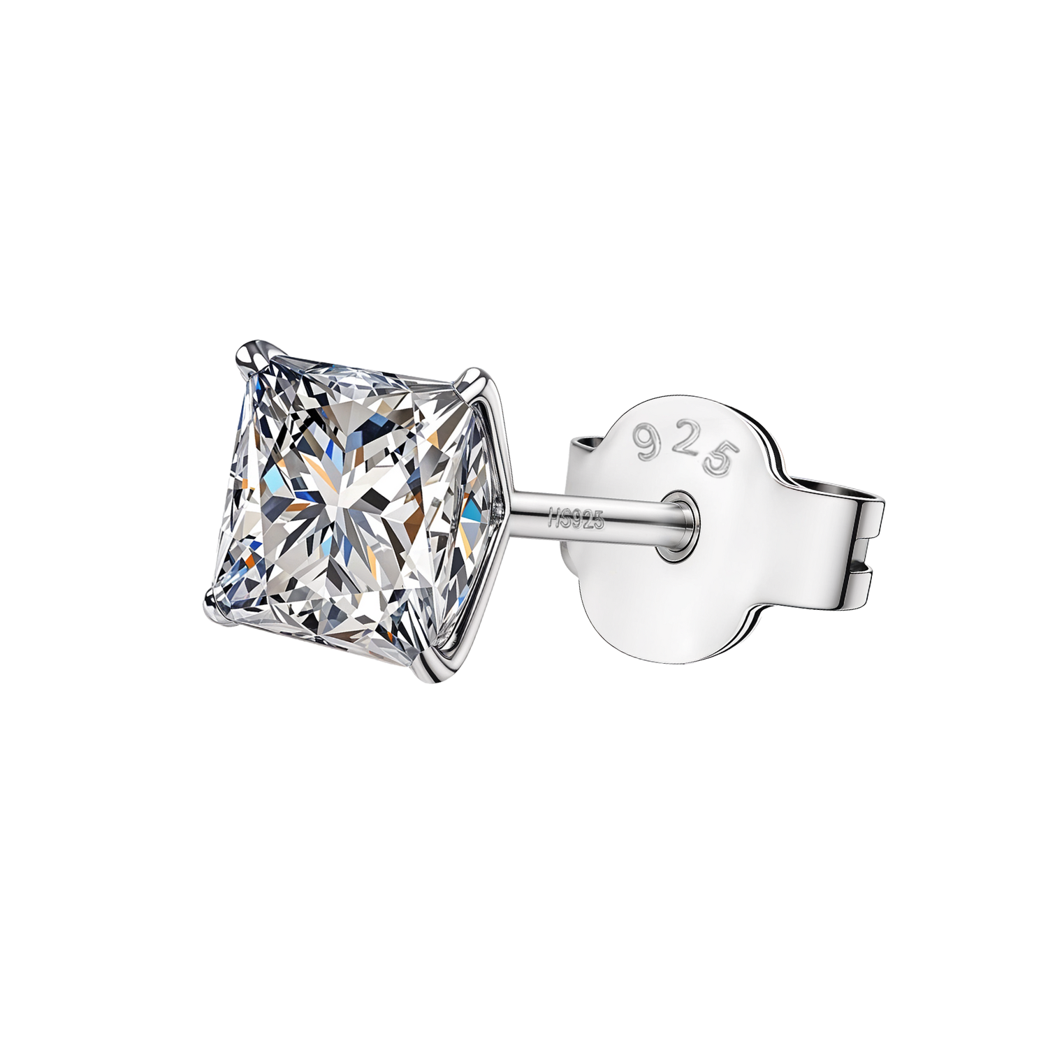 A single solitaire stud earring for men with a princess-cut American diamond in a four-prong setting, crafted from 925 sterling silver.