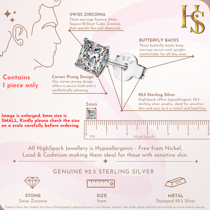 An infographic showing the features of a single stud earring with a 5mm princess-cut American diamond in a corner prong setting.