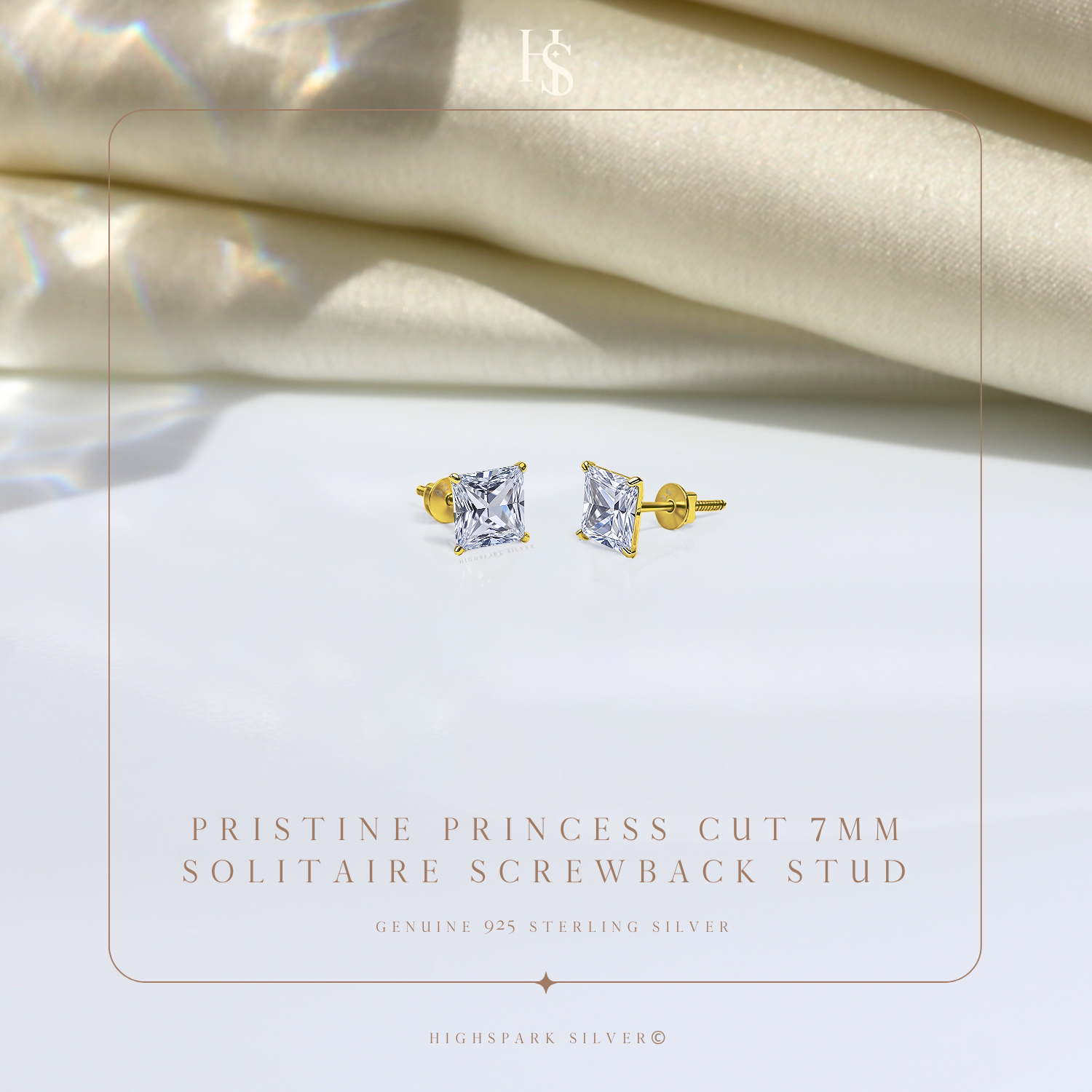 Pristine Princess Cut Solitaire Screwback Stud Earrings in 925 Silver -  18k gold Finish HighSpark