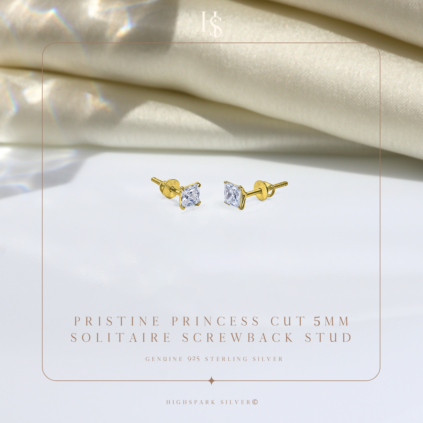 Pristine Princess Cut Solitaire Screwback Stud Earrings in 925 Silver -  18k gold Finish HighSpark