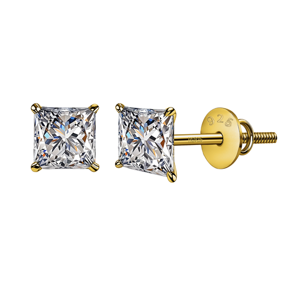 A pair of gold-plated stud earrings with princess-cut American diamond solitaires in a four-prong setting and secure screw backs.