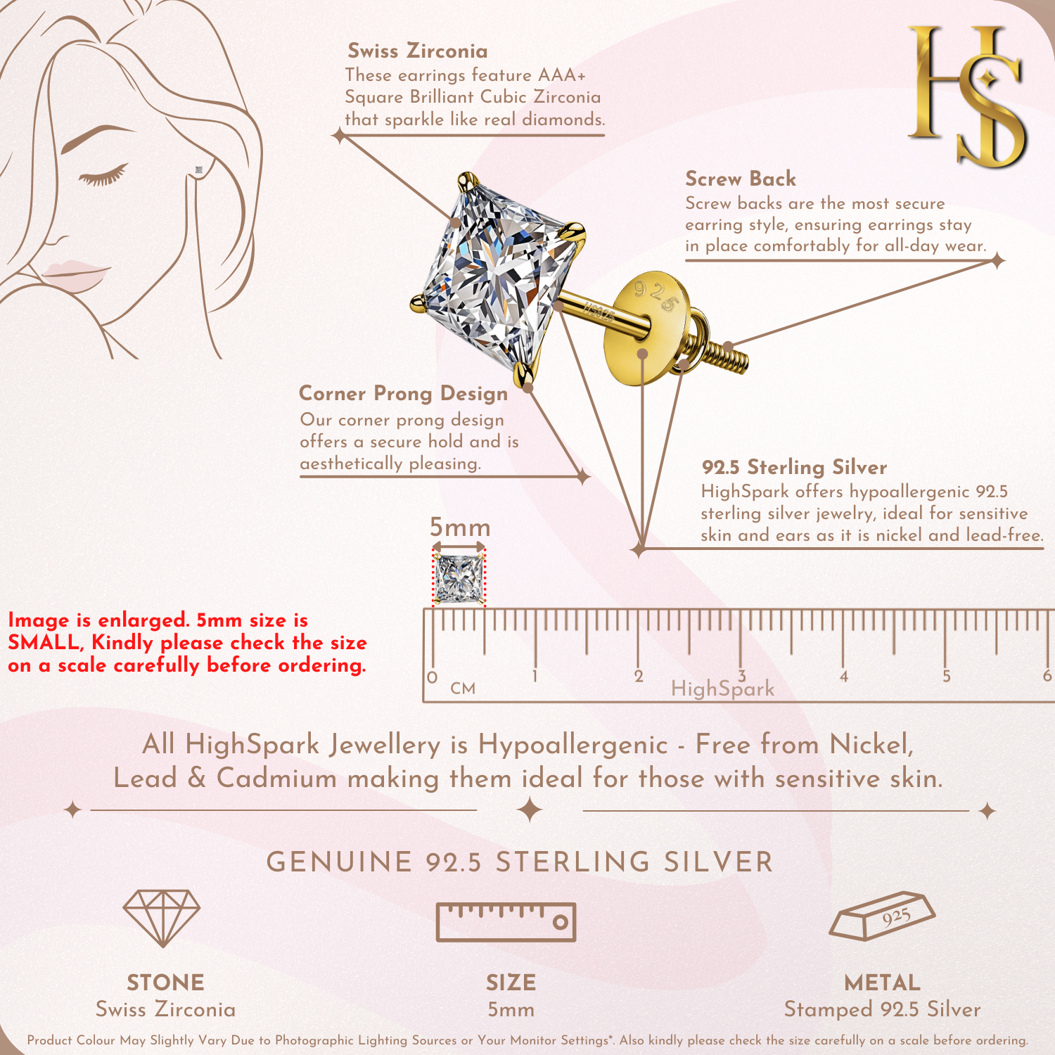 Pristine Princess Cut Solitaire Screwback Stud Earrings in 925 Silver -  18k gold Finish HighSpark