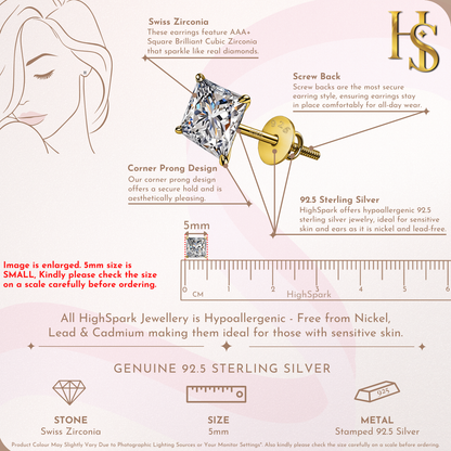 Pristine Princess Cut Solitaire Screwback Stud Earrings in 925 Silver -  18k gold Finish HighSpark