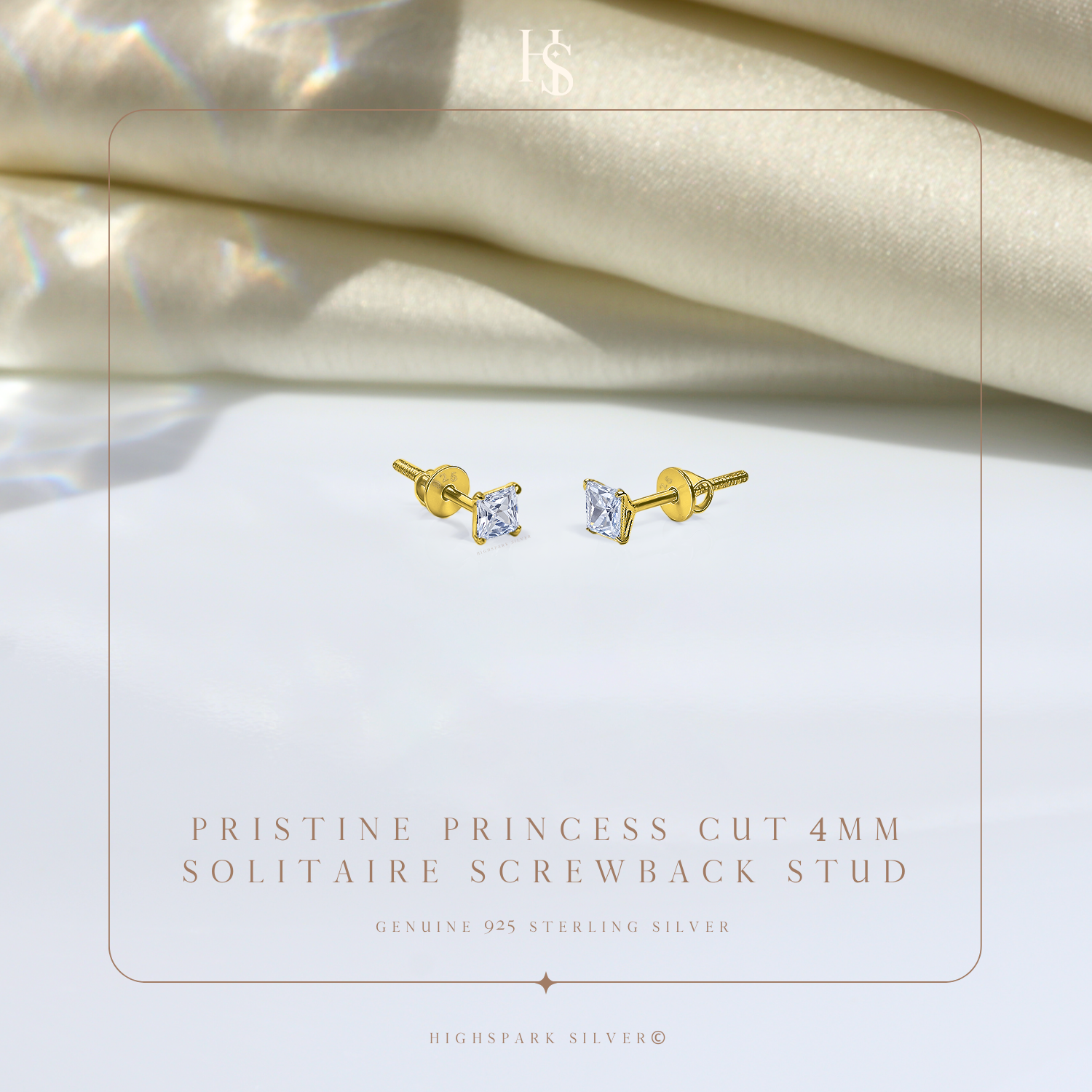 Pristine Princess Cut Solitaire Screwback Stud Earrings in 925 Silver -  18k gold Finish HighSpark