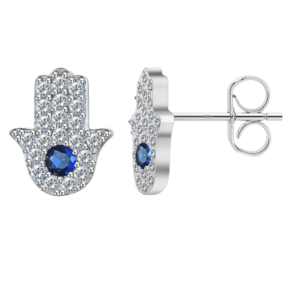 Sterling silver hamsa hand stud earrings with pavé-set American diamonds and a central round blue stone, shown with a push-back clasp.