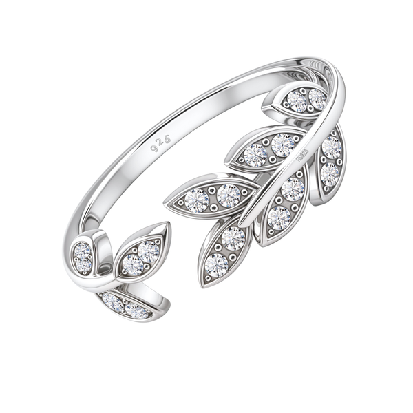 An adjustable sterling silver ring designed as a vine with marquise-shaped leaves paved with round American diamonds on a white background.