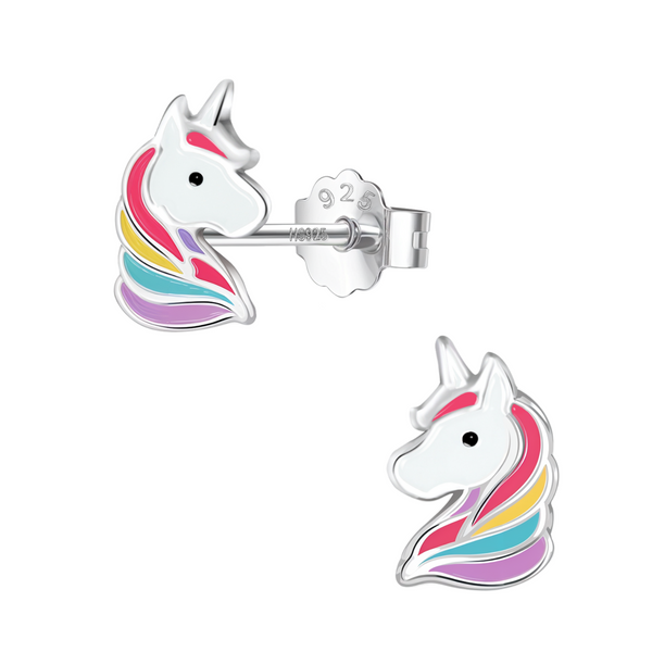 A pair of unicorn head stud earrings with rainbow enamel manes in sterling silver, shown on a plain white background.