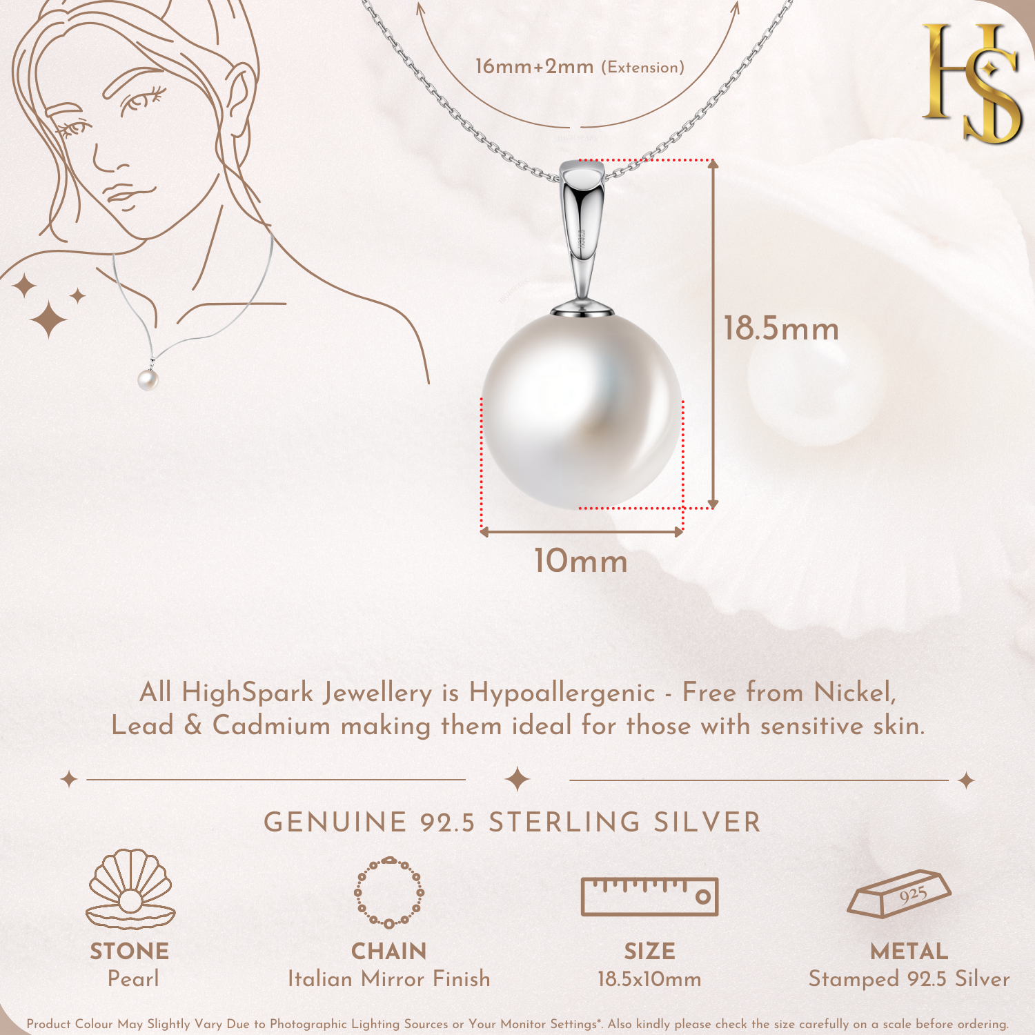 Radiant Round Pearl Pendant in 92.5 Sterling Silver with Brilliant Luster Pearl HighSpark