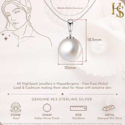 Radiant Round Pearl Pendant in 92.5 Sterling Silver with Brilliant Luster Pearl HighSpark