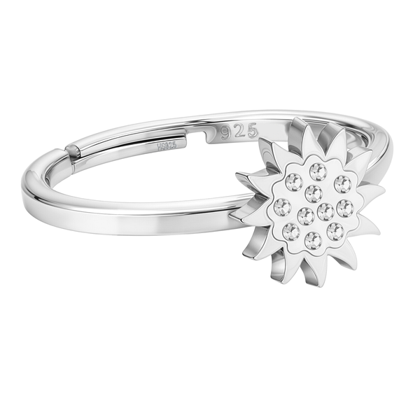 An adjustable sterling silver ring with a sun motif paved with tiny round American diamonds, shown on a plain white background.
