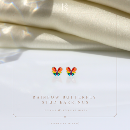 Rainbow Butterfly Cute Enamel Stud Earrings in 925 Sterling Silver HighSpark