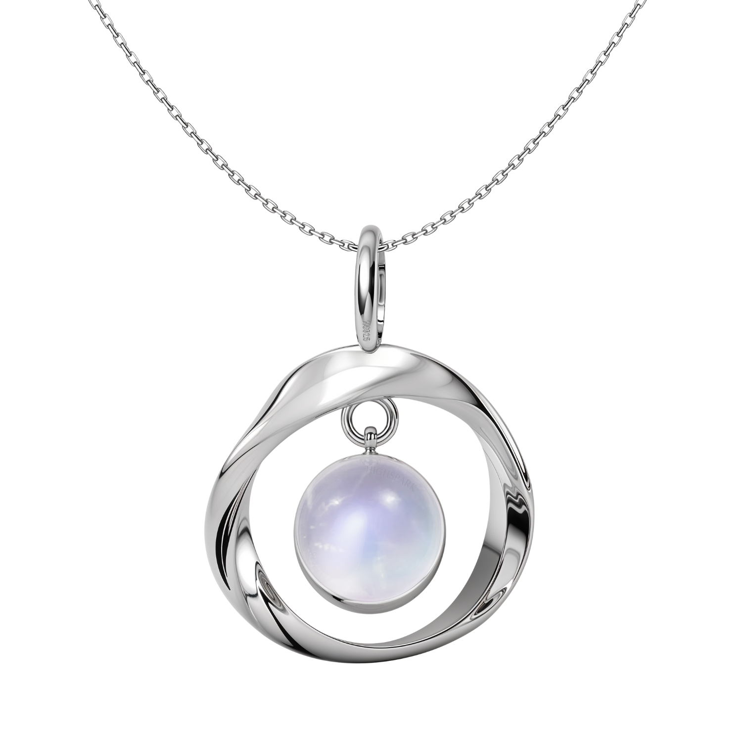 A sterling silver pendant necklace with a twisted, open circular frame holding a dangling spherical rainbow moonstone cabochon.