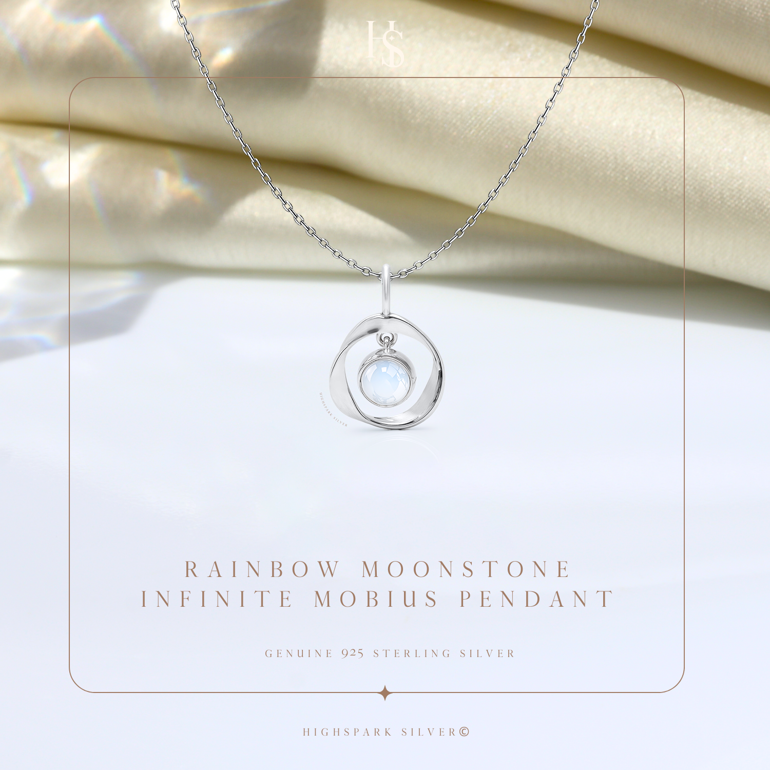 Rainbow Moonstone Infinite Mobius Pendant in 92.5 Sterling Silver For Women HighSpark