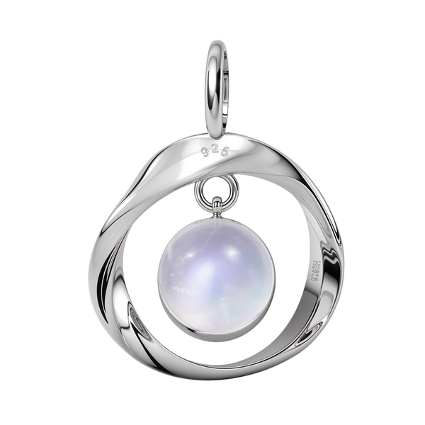 A sterling silver pendant with a twisted Mobius frame holding a dangling, spherical rainbow moonstone, shown on a white background.