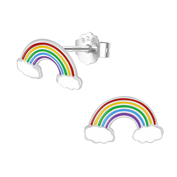 A pair of sterling silver stud earrings in a rainbow shape with colourful enamel and a push-back closure, shown on a white background.